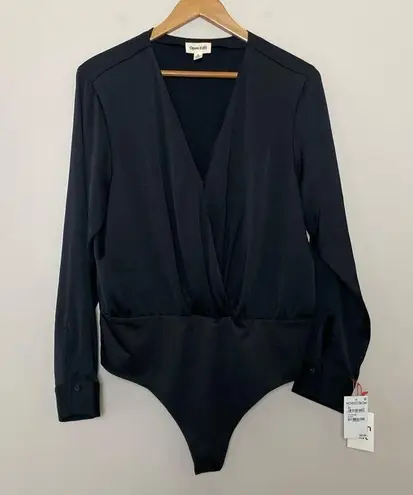 Open Edit Nordstrom  Long Sleeve Deep V Bodysuit Black Size XL NWT