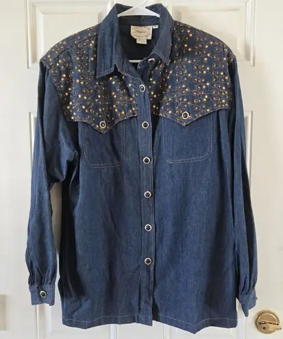 Vintage Country Wear Denim Western Shirt Gold Embroider Sequins Sz 12 Rodeo Chic Blue