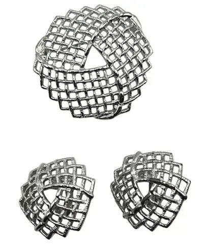 Sarah Coventry Silver Tone Woven Knot Trellis Brooch Pin And Clip Earring Set