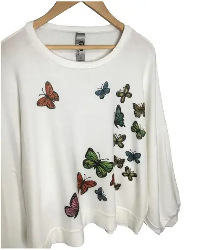 Go Couture Cartoon Butterflies Crew Neck Dolman Balloon Sleeve Sweater Ivory S