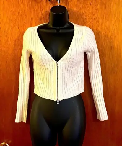 Say What? Say What Women’s Ivory Ribbed Knit Cropped Cardigan Sweater Small Zip-Up V-Neck