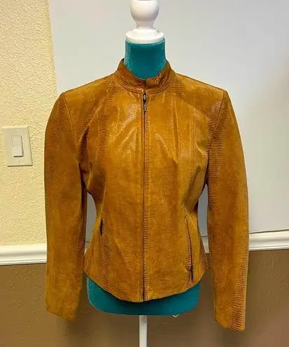 Valerie Stevens Genuine Leather Moto Jacket – Cognac Brown Snake Print – Size S
