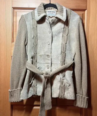 California vintage VTG 70s Women's Suede Leather Belt Knit Cardigan Sweater Jacket Beige Size Small