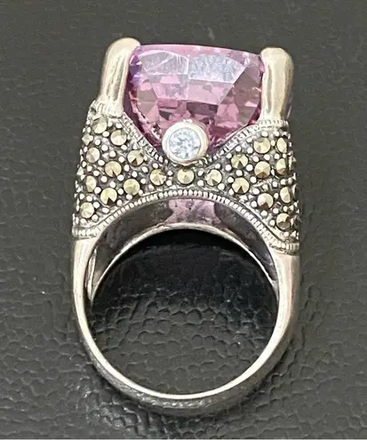 Amethyst Vintage Purple & Marcasite 925 Sterling Silver 16mm Cocktail Ring Sz 8