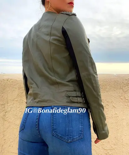 Nour Hammour Erin army green studded leather Biker jacket size FR 36 US 2 4 XS S