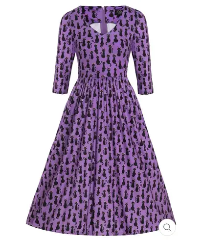 Dolly and Dotty Unique Vintage Purple Billie Black Cat Print Midi Flare Dress 10