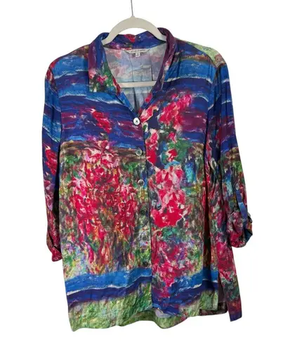 John Mark Abstract Watercolor Button Front Shirt Long Sleeve Boho Artsy Womens S Blue
