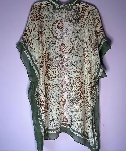 Green Cream Brown Boho Longline Open Front Cardigan Kimono Shawl Swim Cover Up