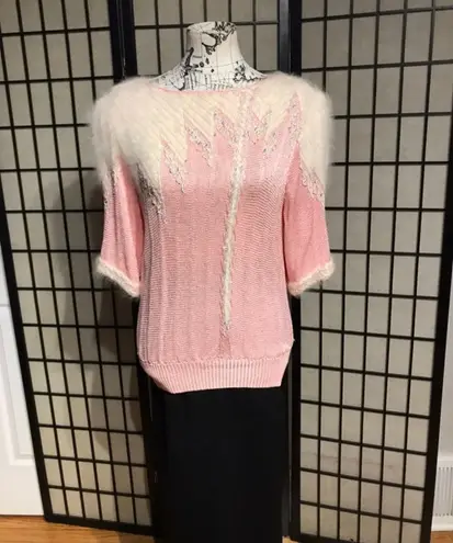 Vintage Crochet Macrame Angora chunky knit Breathable Pastel sweater shirt coquette coastal cottage Western Pink Size M