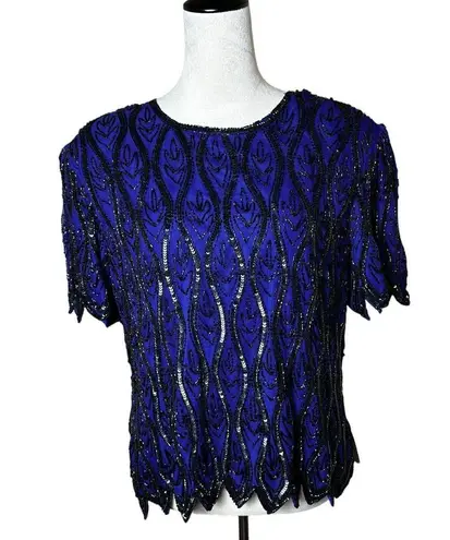 Vintage Sténay 100% Silk Beaded Sequin Top | Size L | Art Deco 80s Party Glam Blue Size L