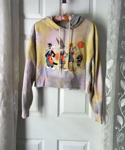Space Jam Hooded Cropped Graphic Sweatshirt tie dye looney tunes sz XL cotton