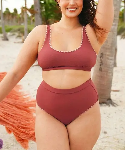 Berlook Contrast Stitch Longline Plus Size Bikini Set Pink