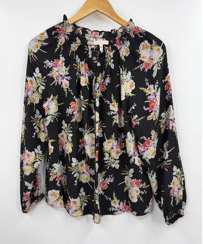 Rebecca Taylor Boquet Black Floral Silk Smocked Neck Long Sleeve Blouse Size S