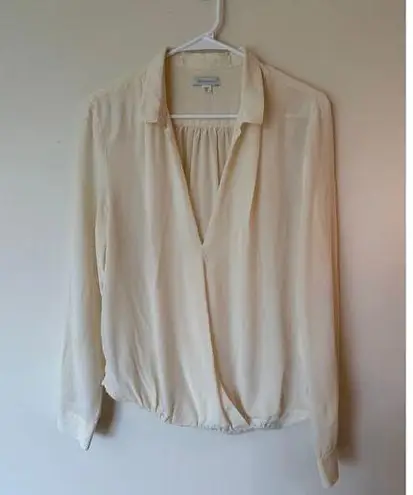 Garnet Hill Long Sleeve Deep V-Neck Collar Blouse Silk Cream Women's Size 10