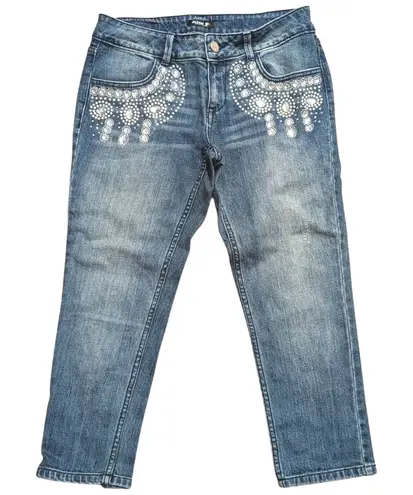 Allen B Schwartz Capri Denim Jeans Womens 8 BLING Rhinestones Crystals Blue