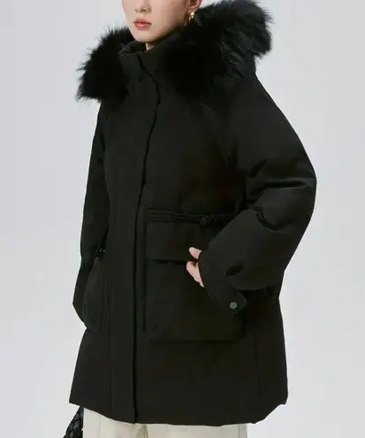 Real raccoon fur collar down winter jacket coat parka puffer trench coat bomber Black Size M