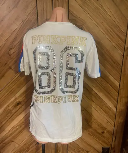 PINK - Victoria's Secret VS PINK Rainbow Striped Sequined 86 Small Short Sleeve Tee