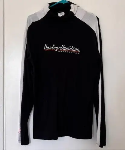 Harley Davidson  Black Turtle Neck Top Sweater Lightweight Stripe Logo Embroidery