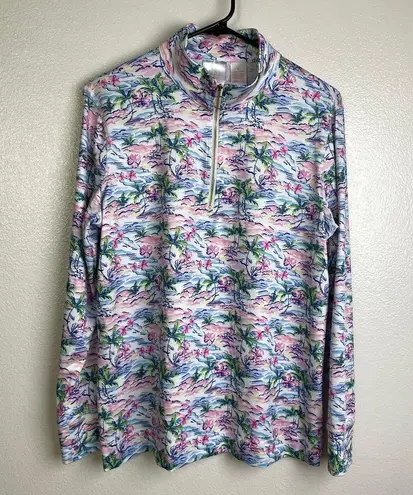 Stella Parker Pink Top Large Long Sleeve 1/4 Zip Floral UPF Golf Hiking Stretch Blue