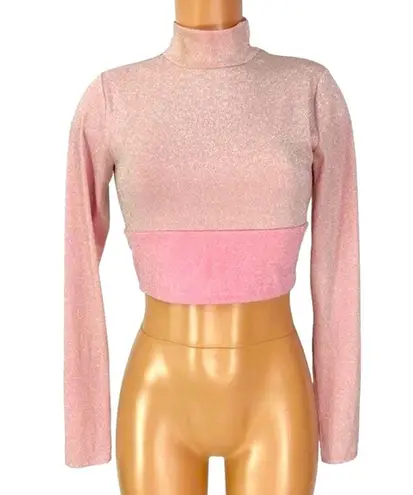 Naked Wardrobe On The Glow Long Sleeve Mock Neck Crop Top Pink Shimmer M NWT