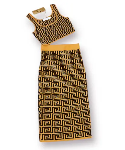 Lizette Collection 2-Piece Black & mustard Jacquard Monogram Crop Top & Skirt Set one size