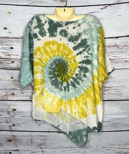 Kaktus NWT Size L Green & Yellow Tie Dye Chiffon Hemline Oversized Top Size L