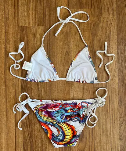 Ed Hardy Vintage Y2K Rare White Blue Dragon String Triangle Edgy Bikini Set