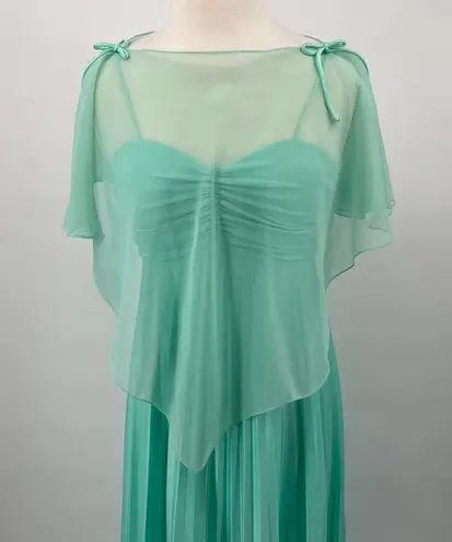 Vintage 70s Pleated Maxi Dress w Sheer Cape Mint Green Tie Spaghetti Strap Small
