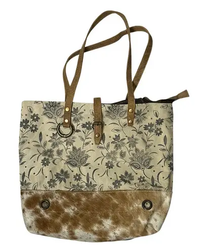 MYRA BAG Tote Cotton Canvas Animal Hair Floral Zipper Top Leather Straps Gray