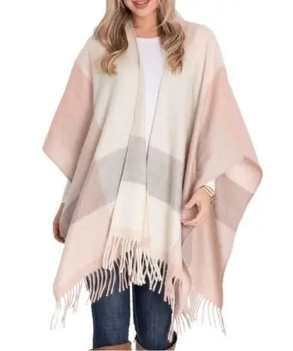 Woolrich Cozy Blanket Scarf Wrap Open Front Cream Pink Plaid Women One Size