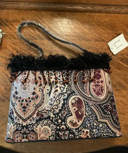 NWT Vintage Satin Leather Bohemian Purse with Beads, Studs & Sparkle (Rare) Black