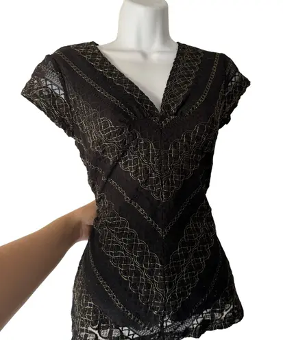 Paper Dolls Paper Doll Black Lace Gold Y2k V Neck Cap Slv Top Office Siren Going out Grunge