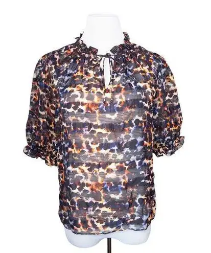 Marie Oliver Animal Print Metallic Stripe Short Sleeve Blouse Black Orange Small