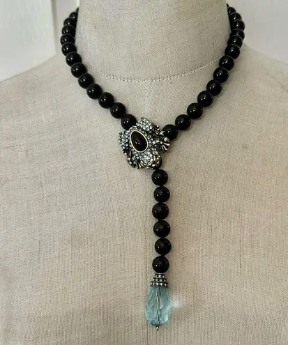 Heidi Daus Crystal Frog Necklace with Aqua Drop & Black Beads