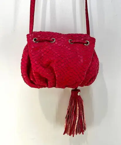 Henri Bendel Small Drawstring Bucket Crossbody Tassel Fish Leather Emboss Pink