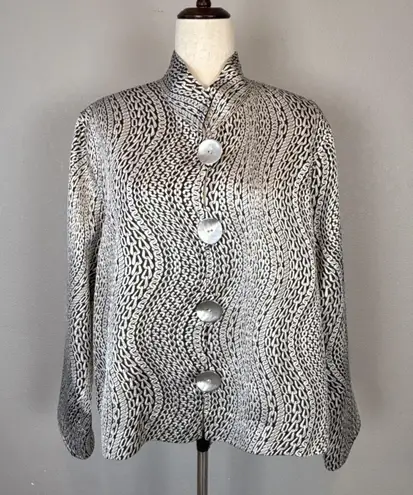 Caroline Rose Silver Chain Print Blazer Size XL Mandarin Collar Metal Button