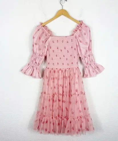 Ivy City Co Jess Dress Strawberry Fields Size XXS Tulle Stretch Smocked Tiered Pink