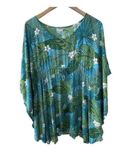Hula Bay Hawaiian Monstera Plumeria Flowers Batwing Kaftan Swim Cover Up Top S/M Green Size M