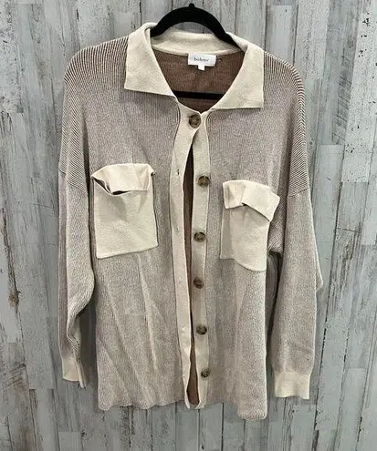Bohme Brown Cream Ribbed Pockets Cardigan Shacket Coatigan Womens Size M/L Size M
