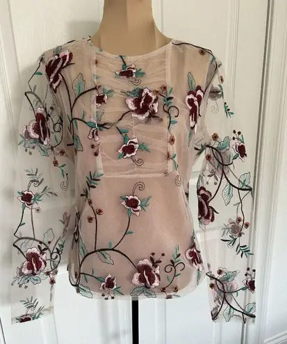 Endless Rose Long Sleeve Round Neck Embroidered Floral Mesh Top Beige/Red Size S