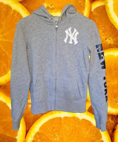 PINK - Victoria's Secret Pink New York Yankees Full Zip Gray Hoodie with Writing on Back‎ Size Small - Image 1