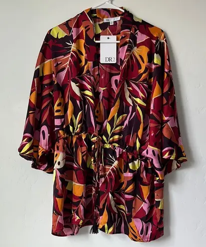 DR2 Tropical Leaf Print Kimono Blouse Multicolor Tassel Tie S/M NWT Red Size M