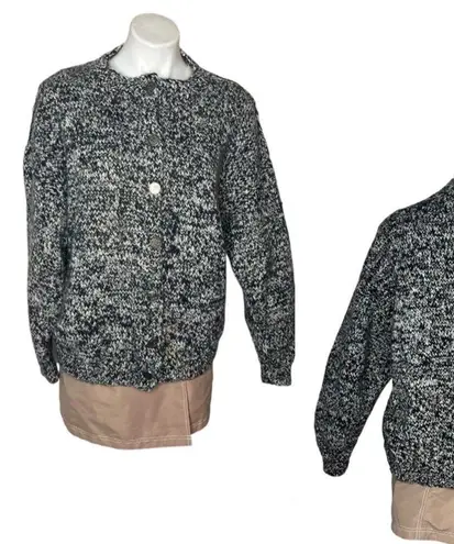 HANDMADE Black White Tweed Cardigan Silver Metal Buttons Crew Neck Womens Large