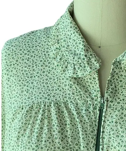VINTAGE Green Floral Calico Cotton Robe Zip Up Duster with Pockets Size undefined