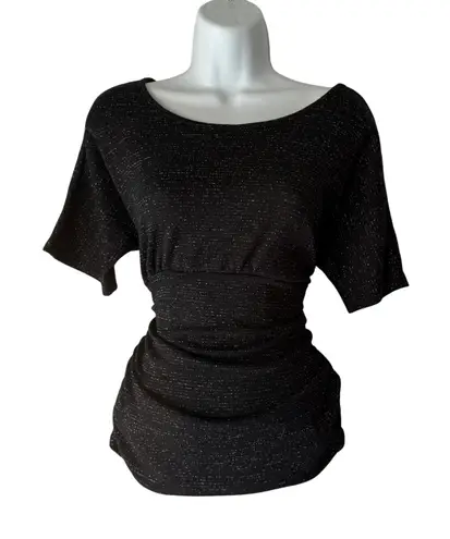 AB Studio Y2k Black Sparkle Dolman Sleeve Cinched Waist Top L Whimsigoth Grunge