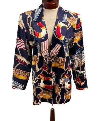 Sharon Young Vintage Blazer Nautical Print Size 8 Jacket Boat Rope VTG Blue