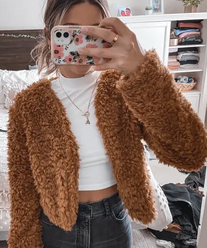 FAVLUX Brown Cropped Teddy Coat 