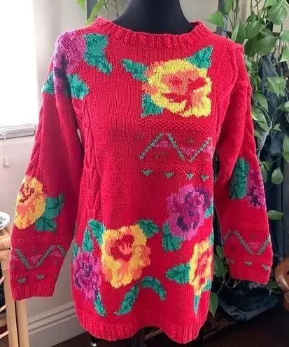 Vintage 80s/90s Picone Sport Red Floral Hand Knit Pullover Crewneck Sweater