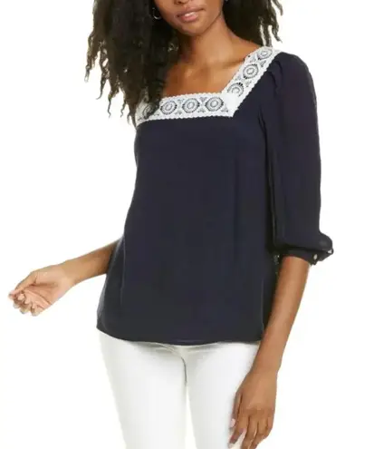 Nanette Lepore Navy Blue White Lace Blouse Top 3/4 Puff Sleeve Square Neck S