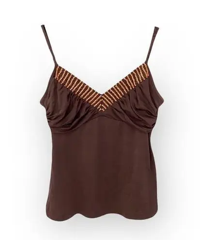 BCBGMAXAZRIA  ✿ Silk Blend Sequin Wood Bead Spaghetti Strap Cami Top ✿ Brown ✿ M